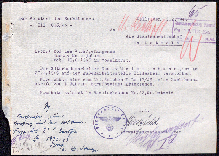 Todesmeldung für Gustav Meierjohann durch den Vorstand des Zuchthauses Celle an die Staatsanwaltschaft Detmold, 12. Februar 1945 (LAV NRW OWL D 21B Nr. 3977)